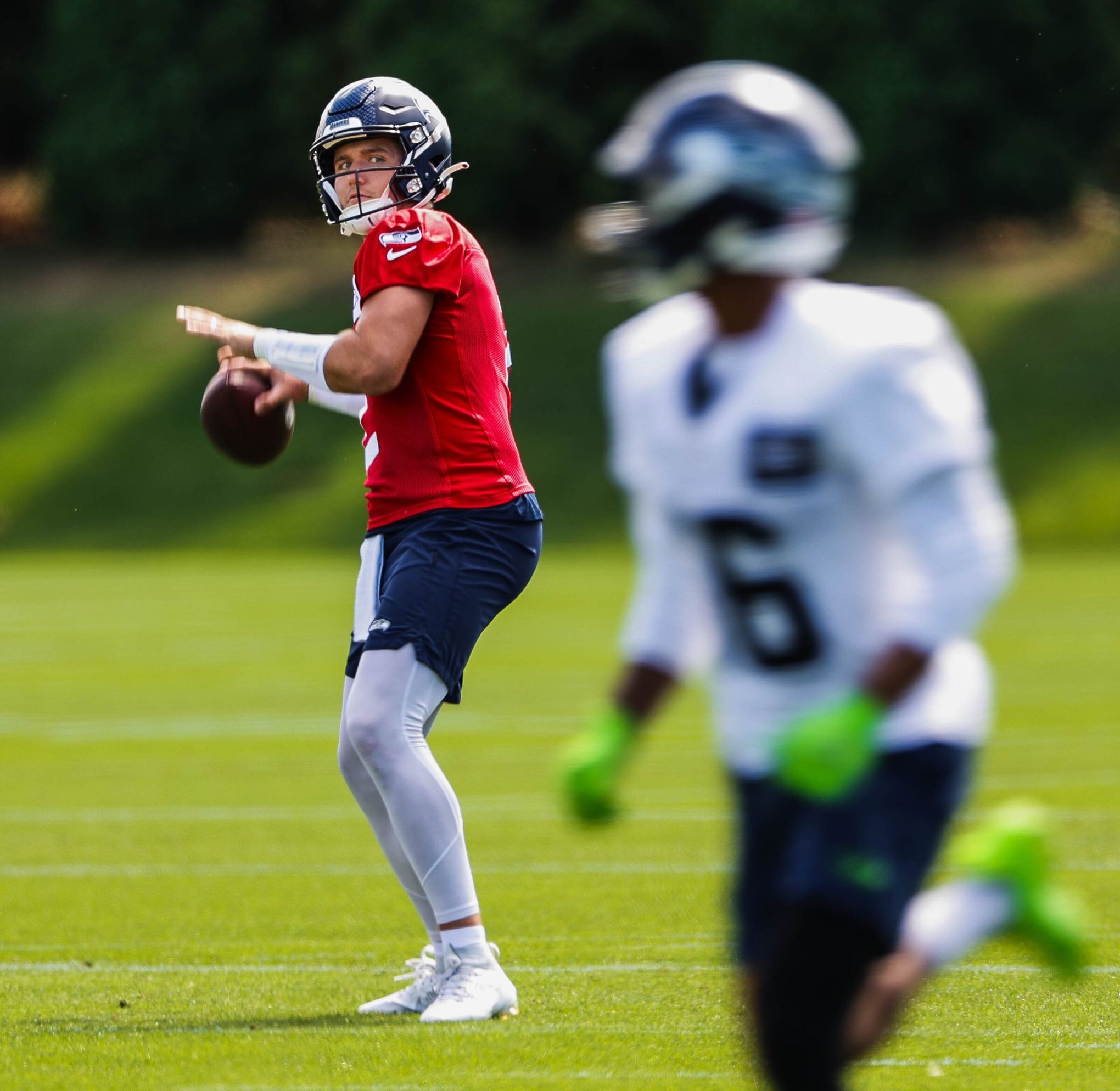 Seattle Seahawks linebacker Levi Bell (98) gets set during an NFL