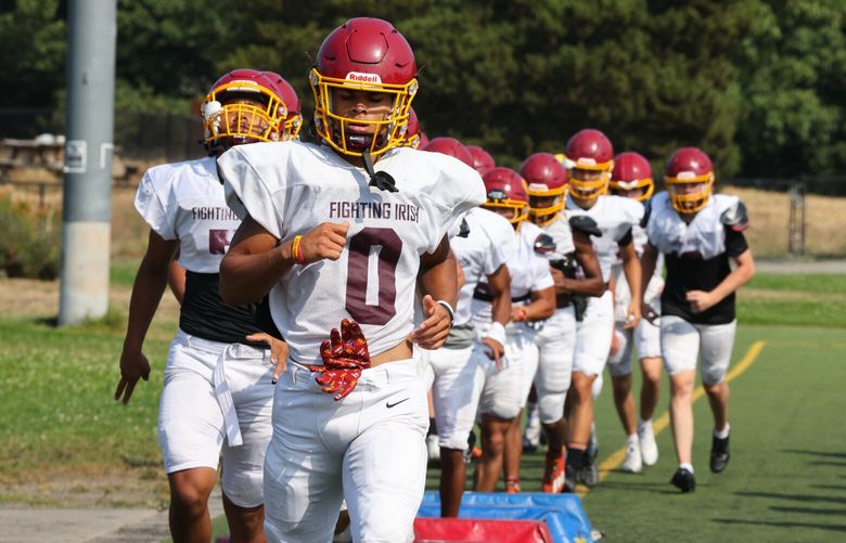 O’Dea High School football team player Kyan McDonald, #0, practices at Genesee Park in Seattle on Friday, August 25, 2023.