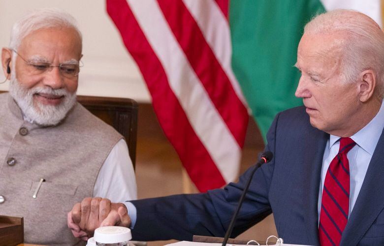 US President Joe Biden, right, and Narendra Modi, India’s prime minister, during an event with senior officials and chief executive officers in the East Room of the White House in Washington, DC, US, on Thursday, June 22, 2023. The meeting is expected to cover innovation, investment and manufacturing in technology sectors including artificial intelligence, semiconductors, and space, according to the White House. 775994976
