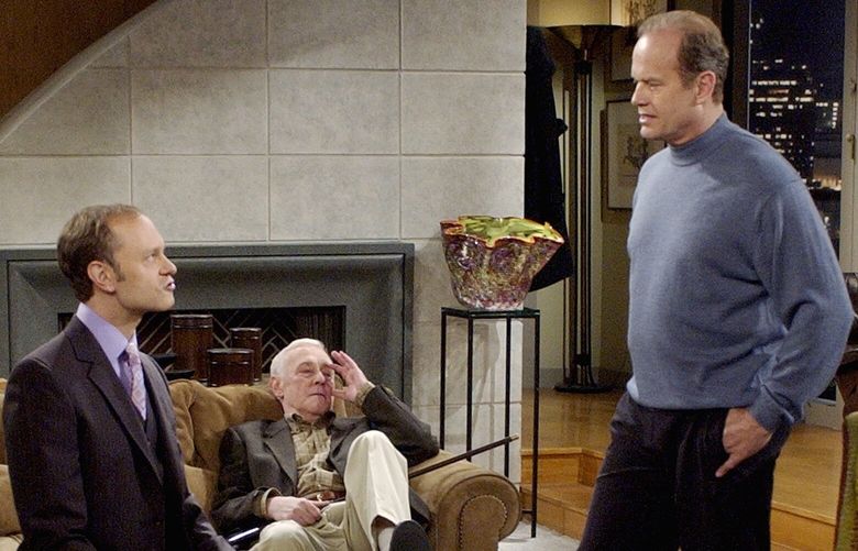 ** ADVANCE FOR WEDNESDAY, MAY 12–FILE ** Series star Kelsey Grammer, right, as Dr. Frasier Crane talks with co-stars David Hyde Pierce as his brother Niles, left, and John Mahoney during filming of the final episode of “Frasier,” on a set at Paramount Studios in Los Angeles, in this March 23, 2004 file photo.  The final episode of the NBC series titled “Good Night, Seattle,” is scheduled to air May 13.  (AP Photo/Reed Saxon, FIle)

NYET378



0394175573