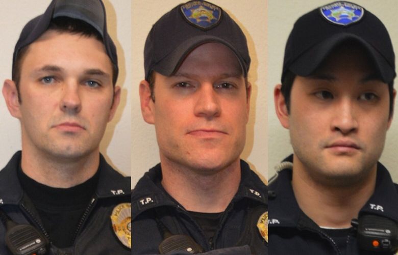 From left to right, Tacoma police officers Christopher Burbank, Matthew Collins and Timothy Rankine will face criminal charges in the March 2020 killing of Manuel Ellis.