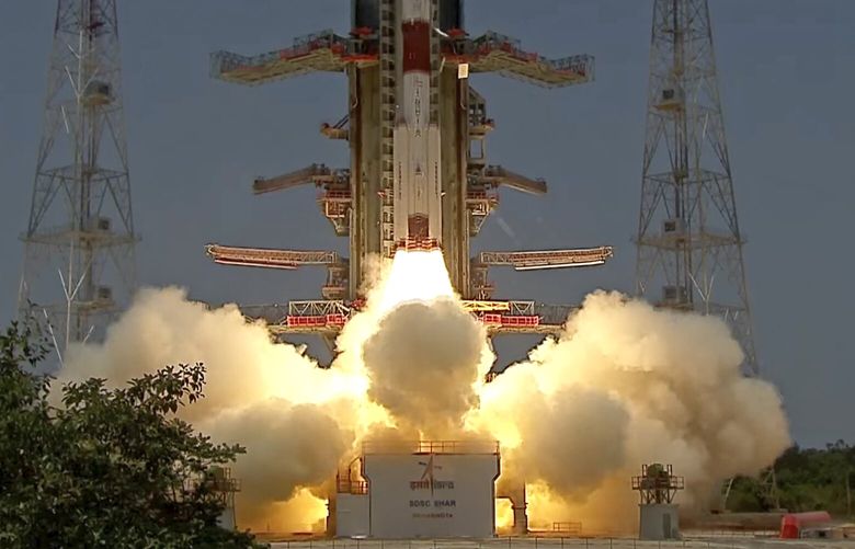 The screengrab from Indian Space Research Organisation (ISRO) Youtube channel shows the Aditya-L1 spacecraft lifts off on board a satellite launch vehicle from the space center in Sriharikota, India, Saturday, Sept. 2, 2023. (Indian Space Research Organisation via AP) 