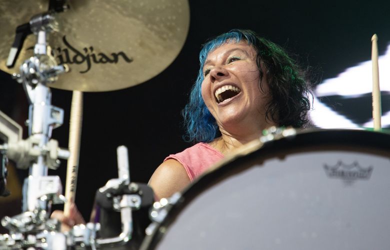 Kim Schifino from Matt and Kim performs for fans Saturday, Sept. 2, 2023, during Bumbershoot at Seattle Center. (Luke Johnson / The Seattle Times)