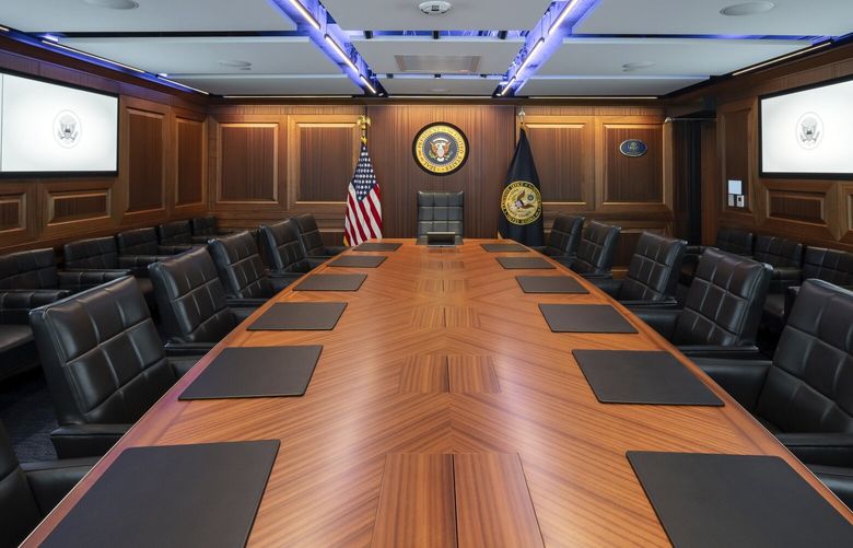 This image provided by the White House shows the completed renovations of the White House Situation Room on Aug. 16, 2023, in Washington. The 5,500-square-foot, highly secure complex of conference rooms and offices in the West Wing has undergone a gut renovation that took a year to complete. (Carlos Fyfe/The White House via AP) WX101 WX101