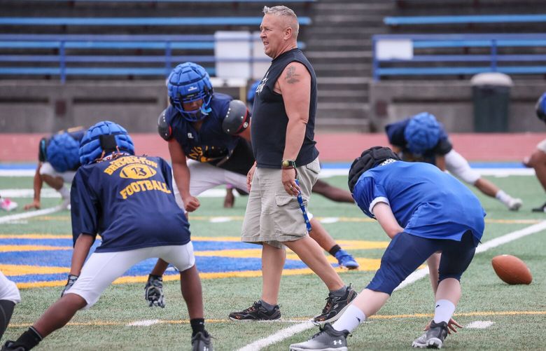 Joe Kennedy, assistant coach, during practice at Bremerton High School in Wednesday afternoon in Bremerton, Washington on August 30, 2023. Kennedy returned this year after a Supreme Court ruling said he was allowed to pray at games. 224828