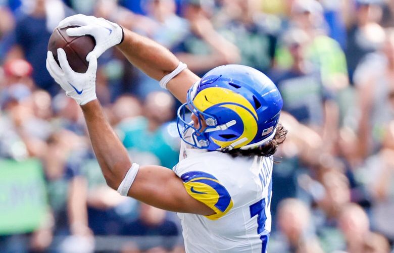 Los Angeles Rams wide receiver Puka Nacua goes up to catch a pass over Seattle Seahawks cornerback Michael Jackson during the fourth quarter Sunday, Sept. 10, 2023 in Seattle. Nacua had 119 yards receiving.  224927