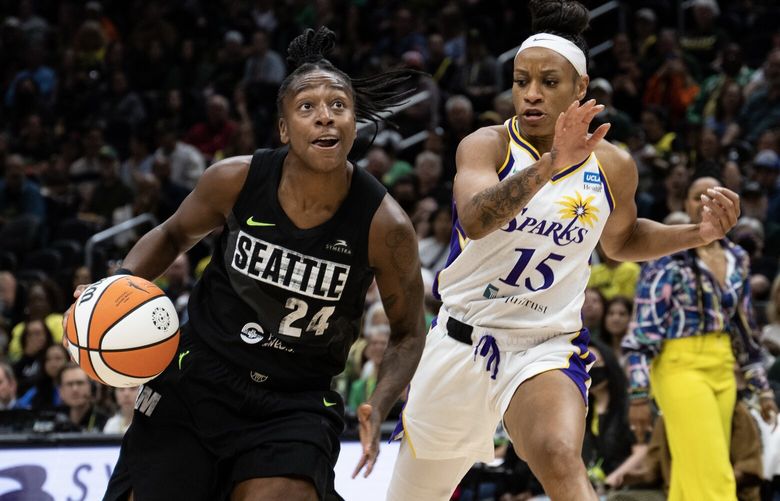Storm Storm guard Jewell Loyd drives the ball to the basket Sunday, Sept. 10, 2023, as the Seattle Storm take on the Los Angeles Sparks at Climate Pledge Arena for their final game of the season.