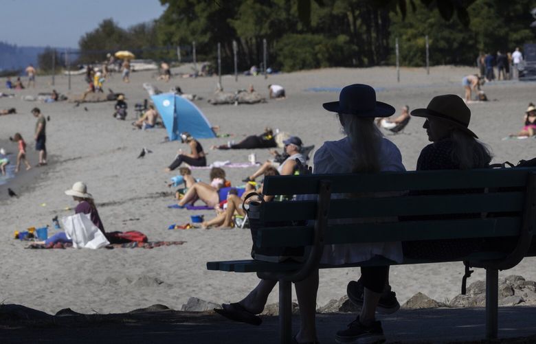 A couple of women hang out in the shade while others enjoy the sunshine at Golden Gardens Park in Seattle Friday, September 8, 2023.  Sunny skies are expected to continue over the weekend with temperatures in the high 70â€™s. 224944