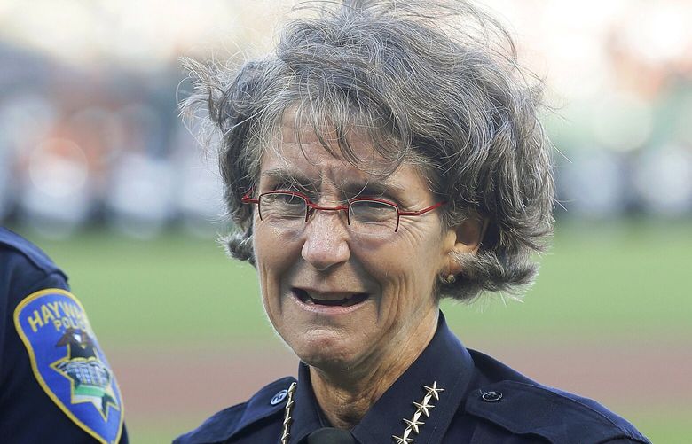 FILE – Oakland, Calif., Police Chief Anne Kirkpatrick stands before a baseball game, July 25, 2017, in San Francisco. New Orleans Mayor LaToya Cantrell said Monday, Sept. 11, 2023, that she has chosen Kirkpatrick, a former chief of police in Spokane, Wash., and Oakland, Calif., to head the New Orleans Police Department, a nomination subject to the approval of the City Council. (AP Photo/Jeff Chiu, File)
