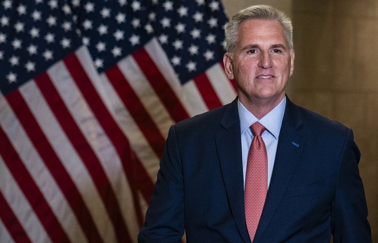 House Speaker Kevin McCarthy (R-Calif.) arriving to a news briefing outside his office on Capitol Hill to officially announce an impeachment inquiry into President Joe Biden in regard to his role in the business dealings of his son, Hunter Biden, in Washington on Tuesday, Sept. 12, 2023. McCarthy directed top congressional Republicans to open an impeachment inquiry into President Biden, reversing his previous stance that such an investigation should only be launched with a vote of the House. (Haiyun Jiang/The New York Times) XNYT0122 XNYT0122