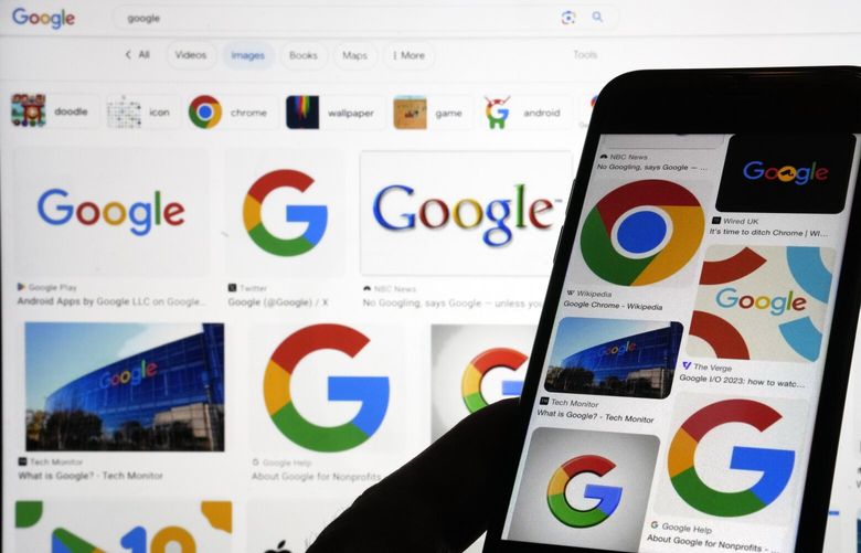 This photo, in New York, Monday, Sept. 11, 2023, shows various Google logos when searched on Google. The U.S. government is taking aim, Tuesday, Sept. 12, 2023 in federal court, at what has been an indomitable empire: Google’s ubiquitous search engine that has become the internet’s main gateway. (AP Photo/Richard Drew) NYRD101 NYRD101