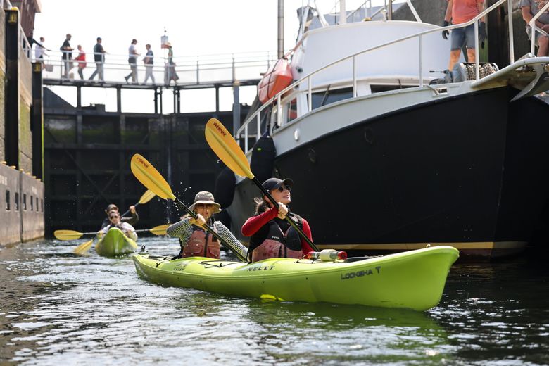 Carrie Zografos, right, and Jenn Boelter, both from Seattle, check out the view from below while on a tour through the Ballard Locks with Ballard Kayak and Paddleboard. (Karen Ducey / The Seattle Times)