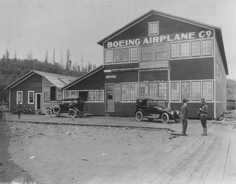 Boeing’s first factory was next to the Duwamish River in this wooden building, photographed in 1917, which came to be known as the Red Barn. It was relocated and restored, then opened to the public in 1983 as part of the Museum of Flight. (Seattle Times Archives)