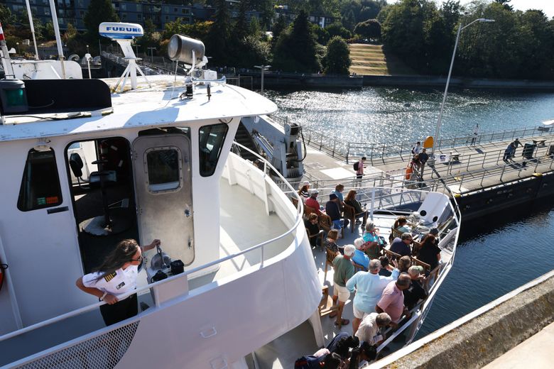 Capt. Amy Tate guides Argosy Cruises vessel Goodtime III through the small lock on a busy Friday afternoon at the Ballard Locks. With only a foot and a half of wiggle room on either side, its not uncommon for the boat, lined with giant rub rails, to bump going in, Tate says.  (Karen Ducey / The Seattle Times)