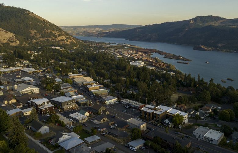 The small town of White Salmon, WA sits on the Columbia River on the border with Oregon on September 10, 2023. Housing prices have soared in the aftermath of the pandemic forcing many working class residents to reside elsewhere.