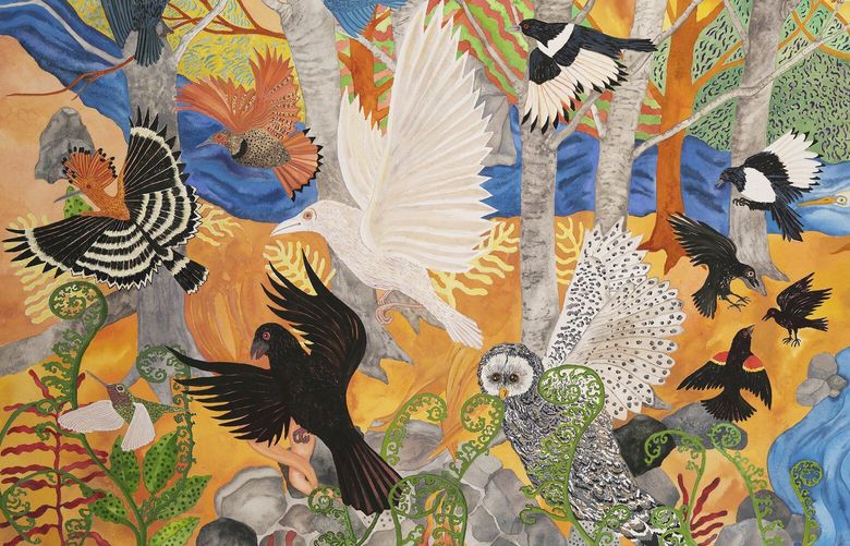 This watercolor painting, titled “Birds take flight into Twilight” by the Port Townsend-based artist Linda Okazaki will be on view this fall at the Bainbridge Island Museum of Art, in a retrospective of her work.