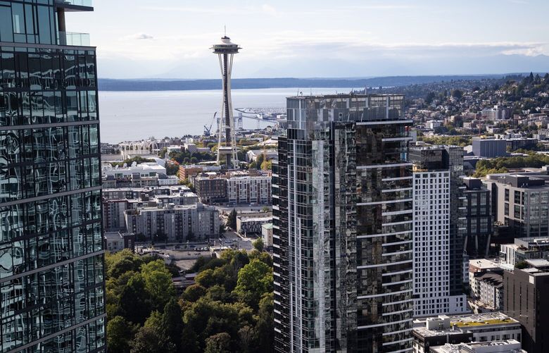 The Seattle Skyline as seen from The Ivey on Boren Apartments Wednesday, Sept. 13, 2023.