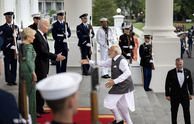 President Biden and first lady Jill Biden welcome Indian Prime Minister Narendra Modi to the White House in June. MUST CREDIT: Photo for The Washington Post by Tom Brenner