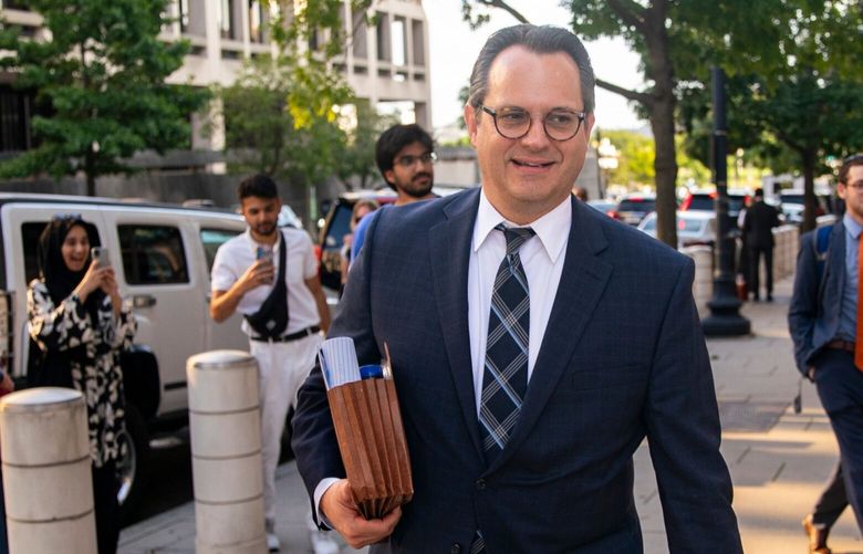 David Dahlquist, senior trial counsel in the antitrust division at the US Department of Justice, exits federal court in Washington, DC, US, on Tuesday, Sept. 12, 2023. Alphabet Inc.’s Google will defend its default-search deals in an antitrust trial against the Justice Department and a bloc of US states starting today that will focus on the agreements Google made with companies to set its search engine as the default. Photographer: Al Drago/Bloomberg