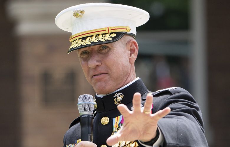 FILE – Acting Commandant of the U.S. Marine Corps Gen. Eric Smith speaks during a relinquishment of office ceremony for U.S. Marine Corps Gen. David Berger, July 10, 2023, at the Marine Barracks in Washington. The Senate is confirming three of the Pentagon’s top leaders, filling the posts after monthslong delays and as a Republican senator is still holding up hundreds of other nominations and promotions for military officers. (AP Photo/Manuel Balce Ceneta, file) WX108 WX108