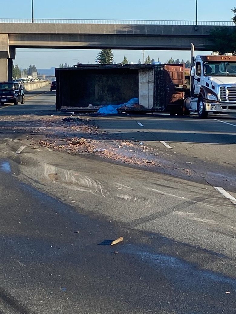 Northbound I-5 closed at Marysville after semi spills load of fish | The Seattle Times Northbound I-5 closed at Marysville after semi spills load of fish | The Seattle Times