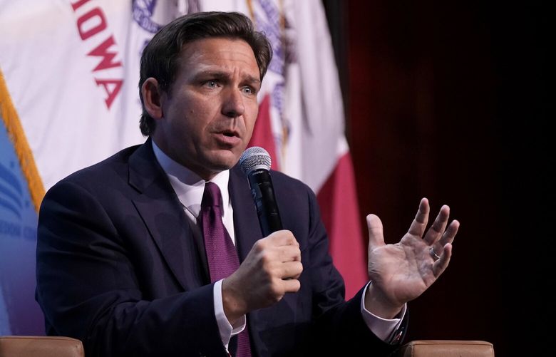 Republican presidential candidate Florida Gov. Ron DeSantis speaks at the Iowa Faith & Freedom Coalition’s fall banquet, Saturday, Sept. 16, 2023, in Des Moines, Iowa. (AP Photo/Bryon Houlgrave) IABH186 IABH186