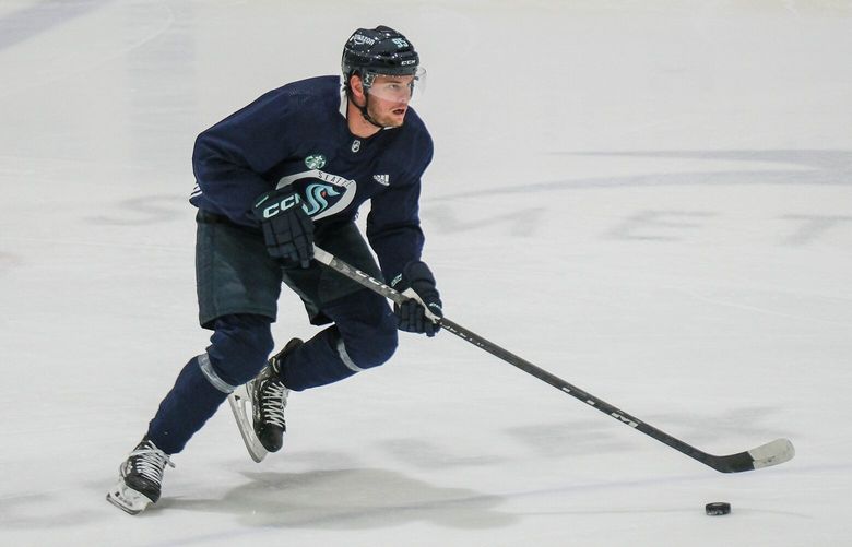 Andre Burakovsky works out Thursday during the first day of camp for the Seattle Kraken. The Seattle Kraken opened training camp for the fall campaign Thursday, Sept. 21, 2023 at the Community Iceplex at Northgate. 225014