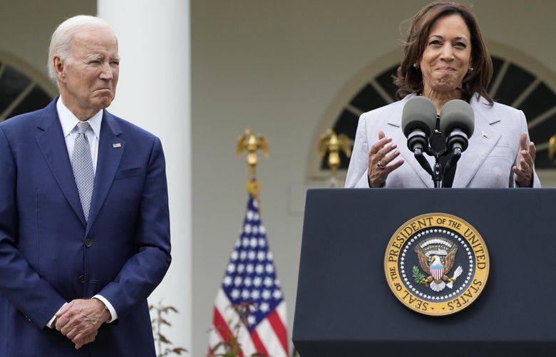 Vice President Kamala Harris speaks about gun safety on Friday, Sept. 22, 2023, from the Rose Garden of the White House in Washington. President Joe Biden, left, listens. (AP Photo/Jacquelyn Martin) DCJM405 DCJM405