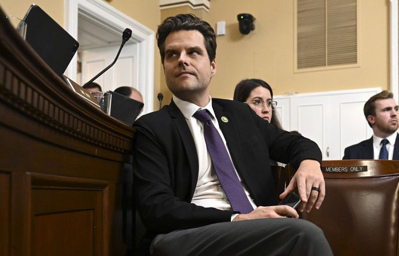 Rep. Matt Gaetz (R-Fla.) during a House Rules Committee hearing on Capitol Hill in Washington, Sept. 22, 2023. Gaetz, who has long styled himself as House Speaker Kevin McCarthy’s chief tormentor, is leading the opposition to passing a measure to keep the government from shutting down. (Kenny Holston/The New York Times)  XNYT0494 XNYT0494