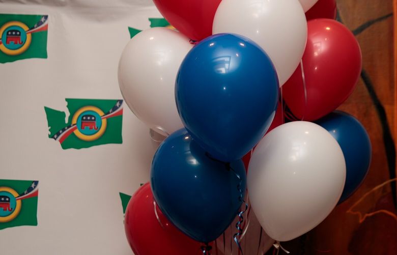 Balloons decorate the Washington State Republican Party’s election night gathering at the Hyatt Regency Bellevue in Bellevue, Wash. Tuesday, Nov. 8, 2022. 222126