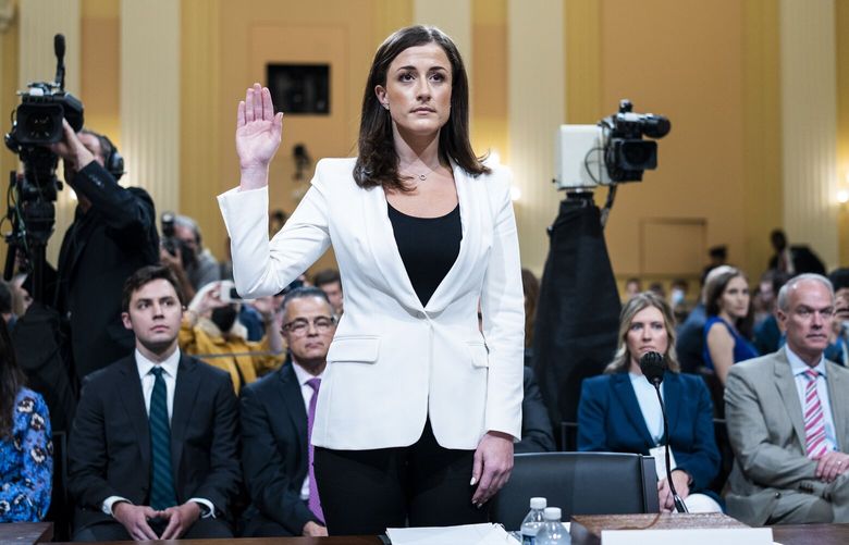 FILE – Cassidy Hutchinson, who worked for former President Trump’s chief of staff, is sworn in to testify before the House committee investigating the Jan. 6 attack on the Capitol on Capitol Hill in Washington, June 28, 2022. Breaking her long silence, the former White House aide discusses her life before and after her explosive testimony to the Jan. 6 committee. (Doug Mills/The New York Times) XNYT0038 XNYT0038