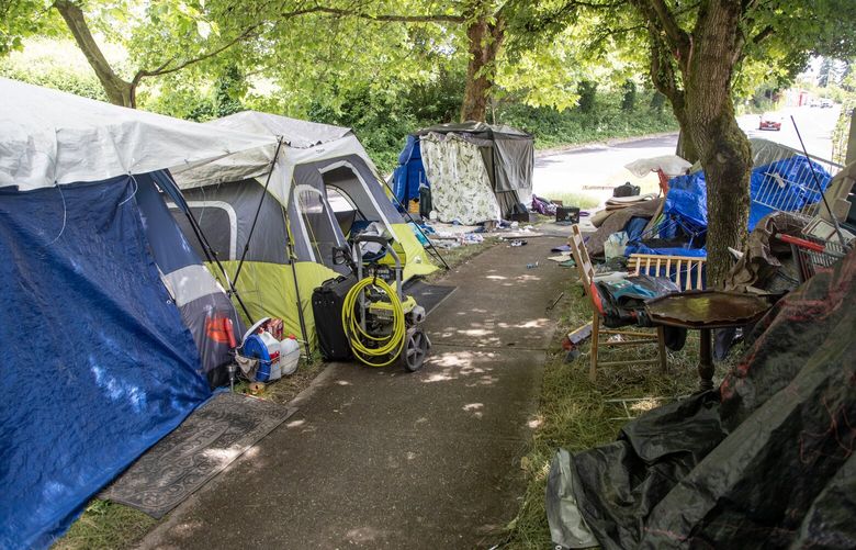 An expansive homeless encampment fills a median on a busy road Wednesday, June 21, 2023, in Burien.