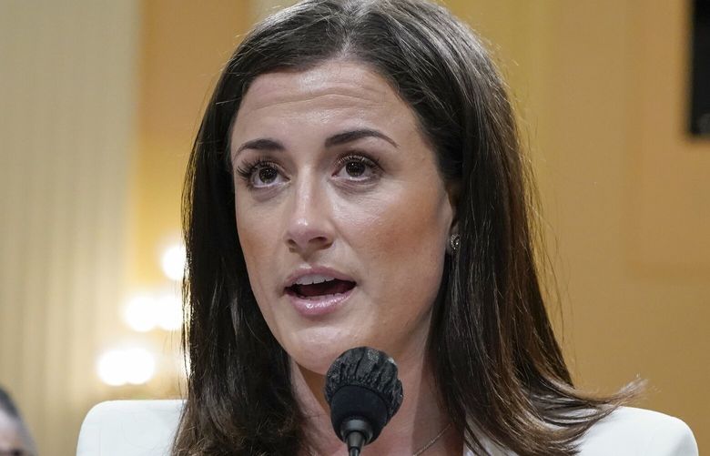 FILE – Cassidy Hutchinson, former aide to Trump White House chief of staff Mark Meadows, testifies as the House select committee investigating the Jan. 6 attack on the U.S. Capitol holds a hearing at the Capitol in Washington, June 28, 2022. (AP Photo/Jacquelyn Martin, File) WX415 WX415