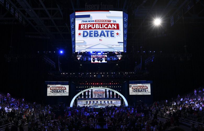 FILE — The first Republican presidential primary debate stage is set, at the Fiserv Forum in Milwaukee on Wednesday, Aug. 23, 2023. The Republican National Committee announced the lineup for the Second Republican Debate: Doug Burgum, Chris Christie, Ron DeSantis, Nikki Haley, Mike Pence, Vivek Ramaswamy and Tim Scott. Former President Donald Trump won’t attend. (Kenny Holston/The New York Times) XNYT0303 XNYT0303