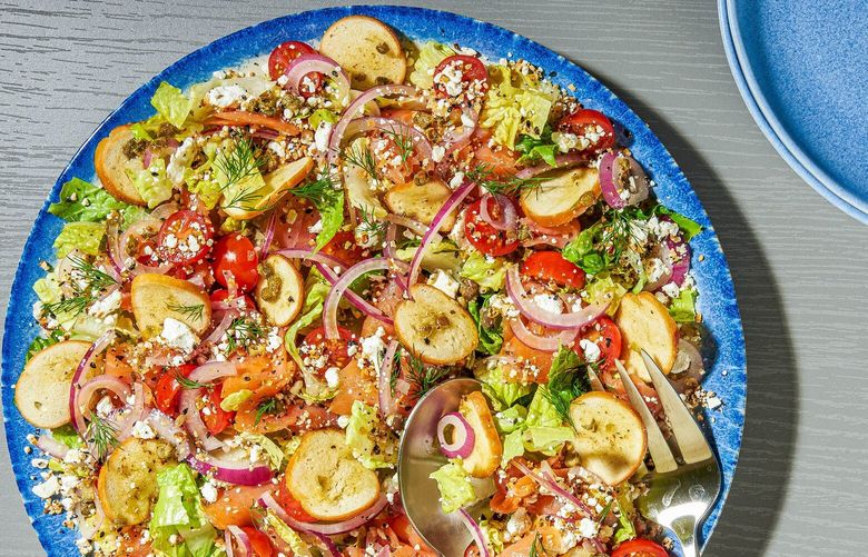 Everything Bagel Salad With Lox. (Photo for The Washington Post by Rey Lopez; Food styling for The Washington Post by Lisa Cherkasky)