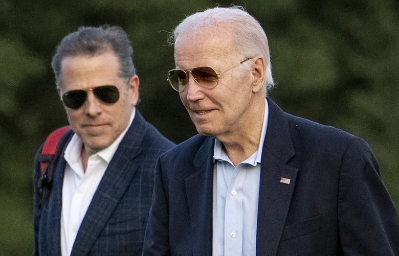 FILE – President Joe Biden, and his son Hunter Biden arrive at Fort McNair, June 25, 2023, in Washington. Republicans have insisted for months that they have the grounds to launch impeachment proceedings against President Biden. On Thursday, they will begin formally making their case to the public and their skeptical colleagues in the Senate.(AP Photo/Andrew Harnik, File) WX306 WX306