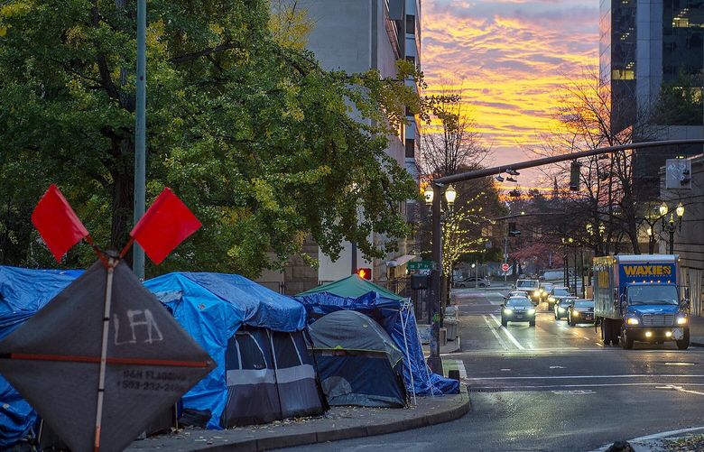 An encampment erected by homeless people in front of storefronts in downtown Portland, Oregon, on Nov. 3, 2021. Like the rest of Portland’s urban core – and like downtowns across the United States -Powell’s Books is contending with staggering uncertainty.   (Amanda Lucier/The New York Times) XNYT27