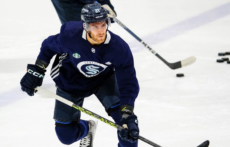 Alex Wennberg goes into a drill during camp Thursday.  The Seattle Kraken opened training camp for the fall campaign Thursday, Sept. 21, 2023 at the Community Iceplex at Northgate. 225014