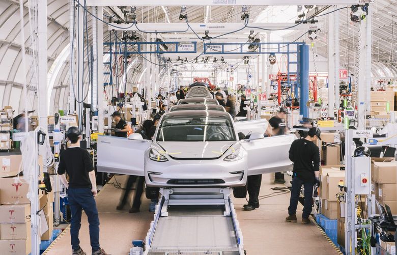  The assembly line at Tesla’s factory in Fremont, Calif., June 28, 2018.  (Justin Kaneps/The New York Times)