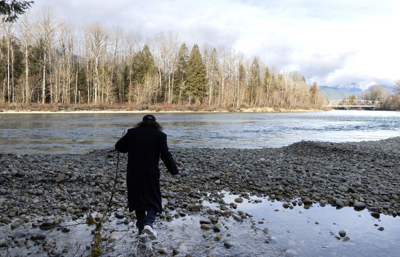 Jack Fiander, attorney and Yakama Nation member, hops over water on the banks of one of the tribe’s fishing spots where the Cascade and Skagit Rivers meet in Marblemount on January 25, 2023. The Sauk-Suiattle Tribe has treaty fishing rights here. Last year, the Sauk-Suiattle people launched into the rights-of-nature debate in its lawsuit over the impact of Seattle City Light’s Skagit dams on the salmon that have since time immemorial relied on the free-flowing waters of the river for sustenance.