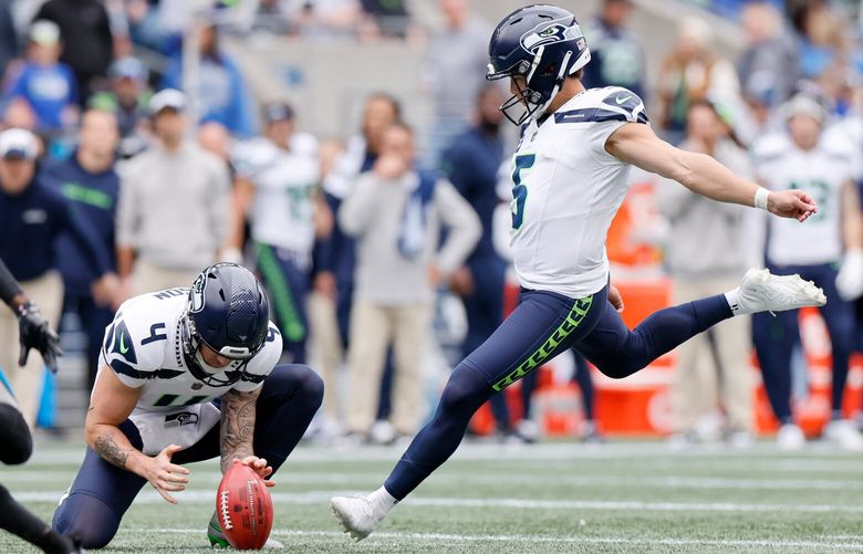 Seattle Seahawks place kicker Jason Myers hits a 33-yard field goal during the second quarter Sunday, Sept. 24, 2023 in Seattle. Myers had five field goals on the day.  225054