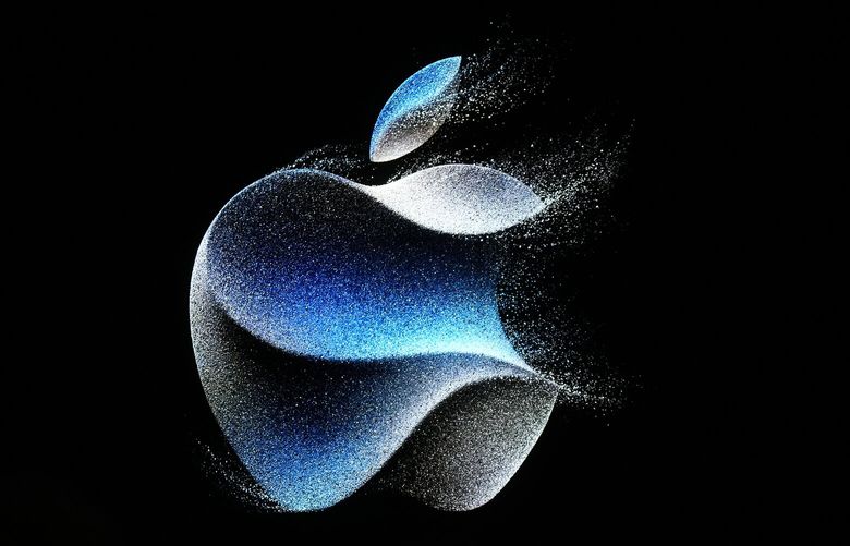 Apple logo during an announcement of new products on the Apple campus, Tuesday, Sept. 12, 2023, in Cupertino, Calif. (AP Photo/Jeff Chiu) 