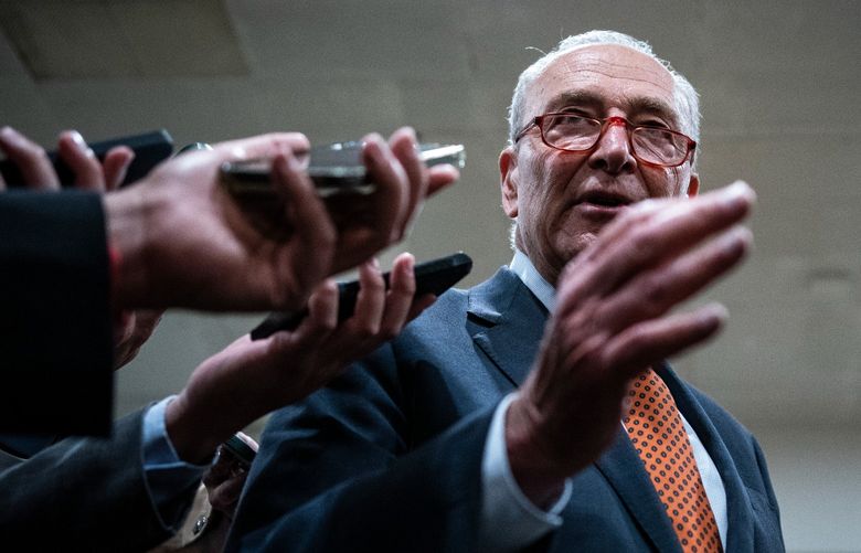 Senate Majority Leader Chuck Schumer (D-N.Y.) speaks to reporters after an intelligence briefing on the war in Ukraine on Capitol Hill in Washington, Thursday, Sept. 7, 2023. ÒOn some things, Leader McConnell and I disagree vehemently,Ó said Schumer. ÒOn others, we agree and work together to get done.Ó (Haiyun Jiang/The New York Times)
