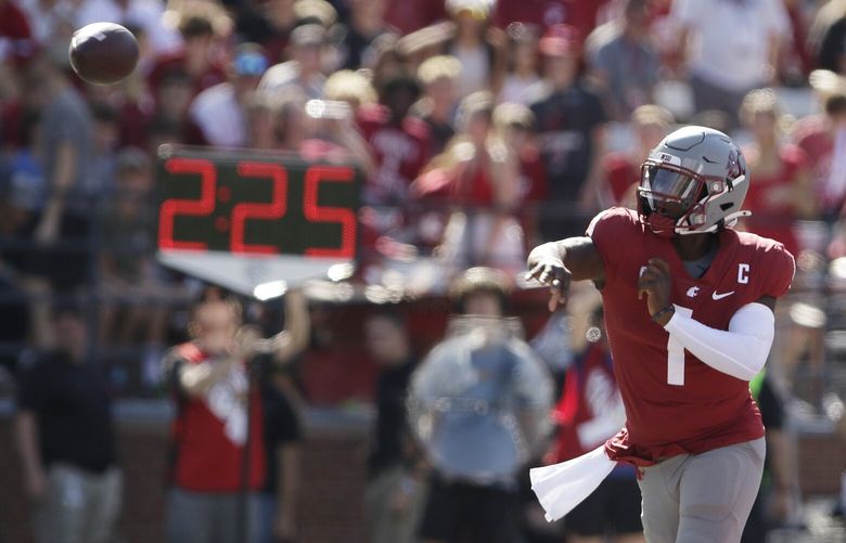 Washington State quarterback Cameron Ward throws a pass during the first half of an NCAA college football game against Northern Colorado, Saturday, Sept. 16, 2023, in Pullman, Wash. (AP Photo/Young Kwak) OTK OTK