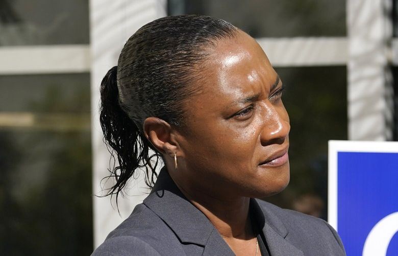 FILE – Laphonza Butler, president of EMILY’s List, listens during a rally held by the Latino Victory Fund, Oct. 20, 2022, in Coral Gables, Fla. A spokesman in California Gov. Gavin Newsom’s office said on Sunday, Oct. 1, 2023, that he will name Butler to the Senate seat of the late Dianne Feinstein. (AP Photo/Lynne Sladky, File) NYSS901 NYSS901