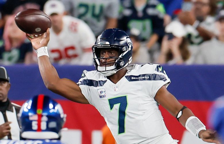 Seattle Seahawks quarterback Geno Smith throws out a pass during the first quarter Monday, Oct. 2, 2023 in East Rutherford, NJ. 225107