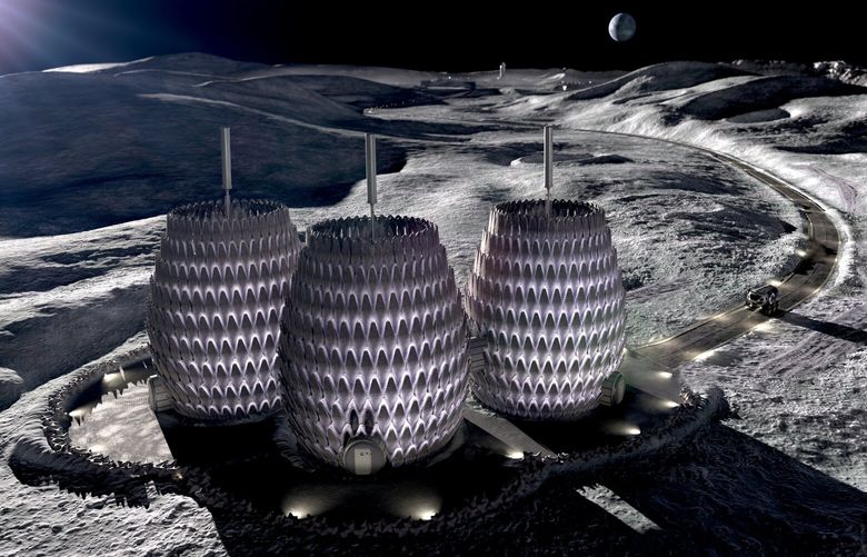 A rendering provided by architecture firm SEArch+ (an acronym for space exploration architecture) of a concept for housing on the moon called Lunar Lantern. NASA is plotting how to build houses on the moon by 2040. (SEArch+ Lunar Lantern for Project Olympus via The New York Times)