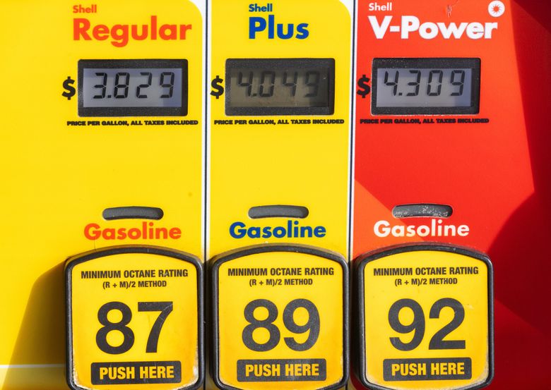 At a recent event, fuel prices at this Kent gas station were set to the national average, $3.829 a gallon for regular. (Ken Lambert / The Seattle Times)