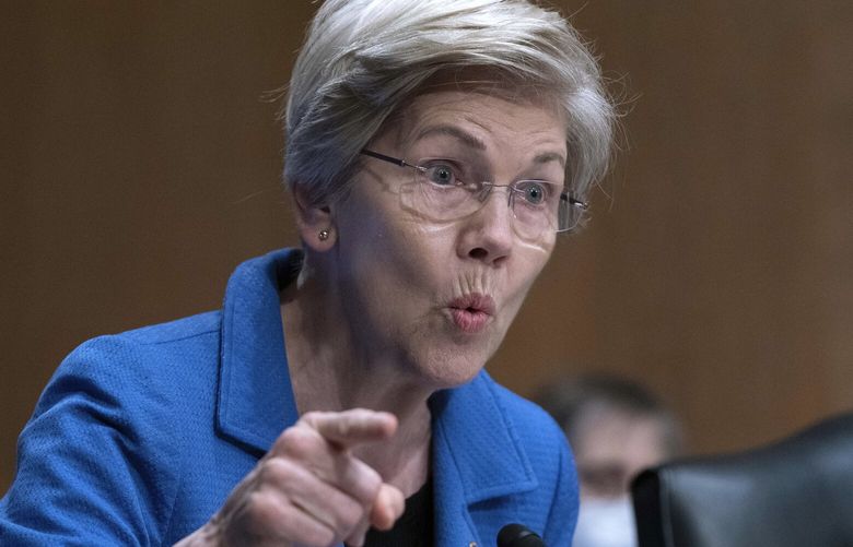 FILE – Sen. Elizabeth Warren, D-Mass., speaks during the Senate Committee on Banking, Housing and Urban Affairs hearing at Capitol Hill in Washington, April 27, 2023. The Supreme Court on Tuesday seemed likely to preserve the work of the Consumer Financial Protection Bureau against a conservative-led challenge. The CFPB case is one of several major challenges to federal regulatory agencies on the docket this term for a court that has for more than a decade been open to limits on their operations. The CFPB, the brainchild of Warren, has long been opposed by Republicans and their financial backers. (AP Photo/Jose Luis Magana, File ) WX103 WX103