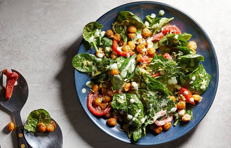 Spinach Salad With Blackened Chickpeas. MUST CREDIT: Photo by Tom McCorkle for The Washington Post.